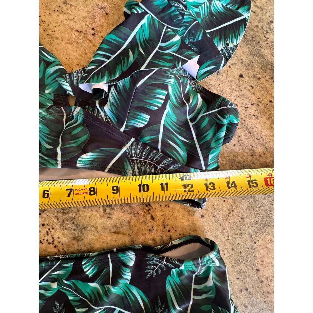 Tropical Green Leaf Ruffle High Waisted Bikini Set Two Piece Swimsuit Small - Picture 8 of 13